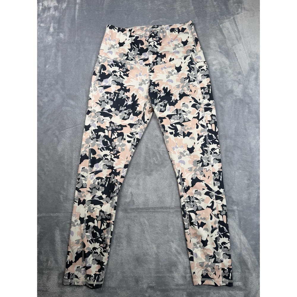 Legend Leggings Womens Medium Beige Black Floral Print High Waist Athletic Gym